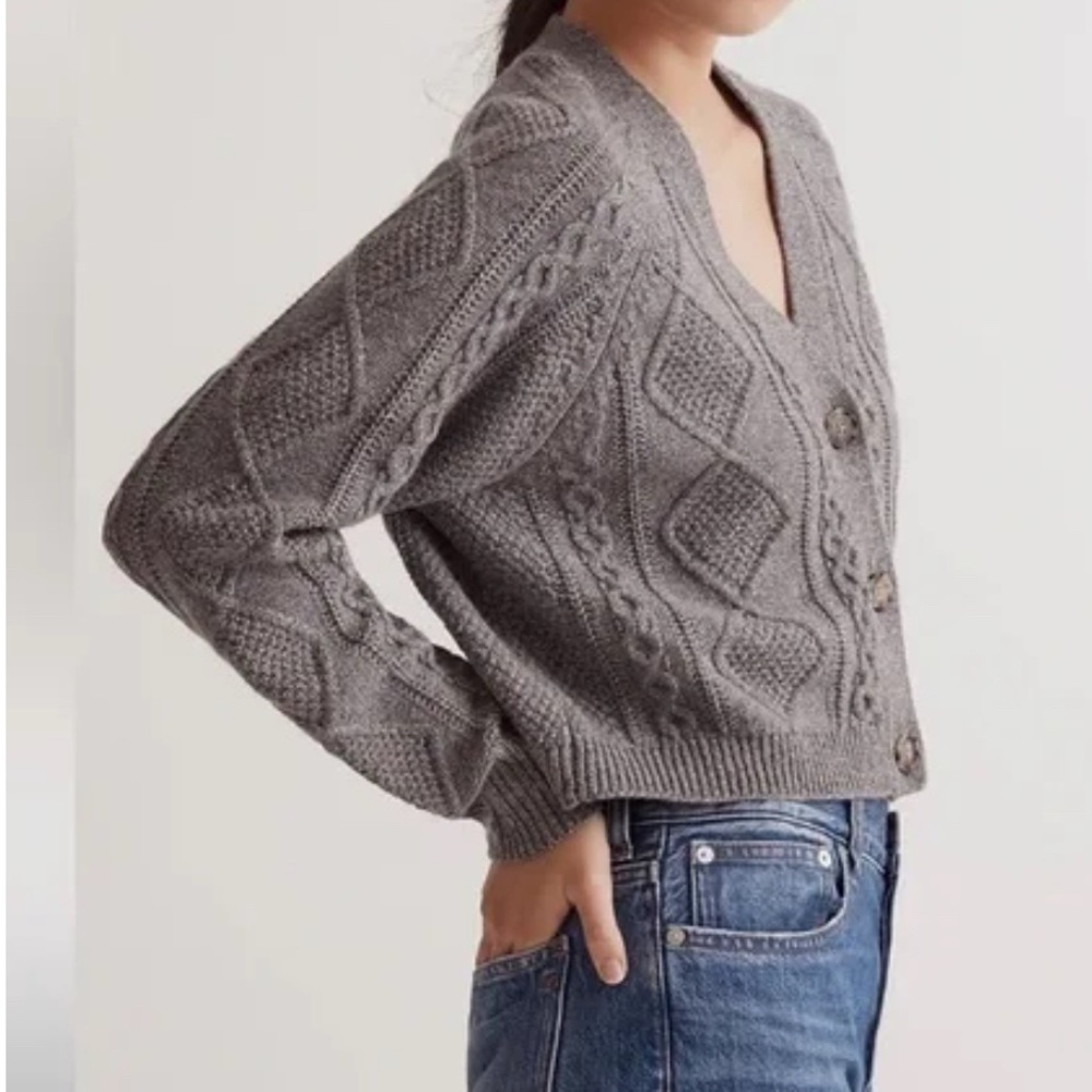 Madewell Shimmer Gray V-Neck Cable Knit Sweater